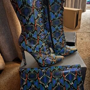 Blue and Green Snakeskin Lace-Up Boots